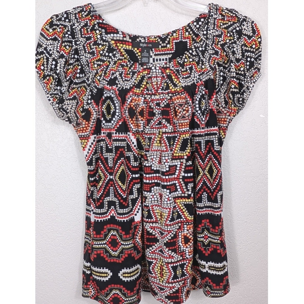 Style & Co Blouse Womens Small Black Geometric Puff Sleeve Scoop Neck Boho Top